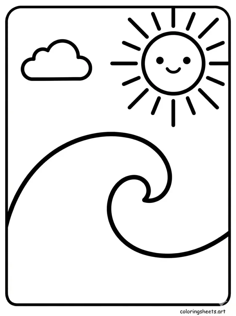 Free printable ocean coloring pages for kids toddlers with a simple ocean wave and smiling sun