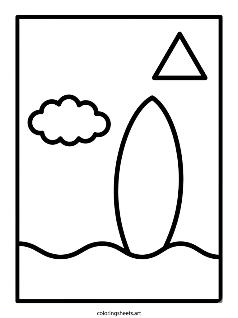 One surfboard standing in the sand coloring page for toddlers simple printable