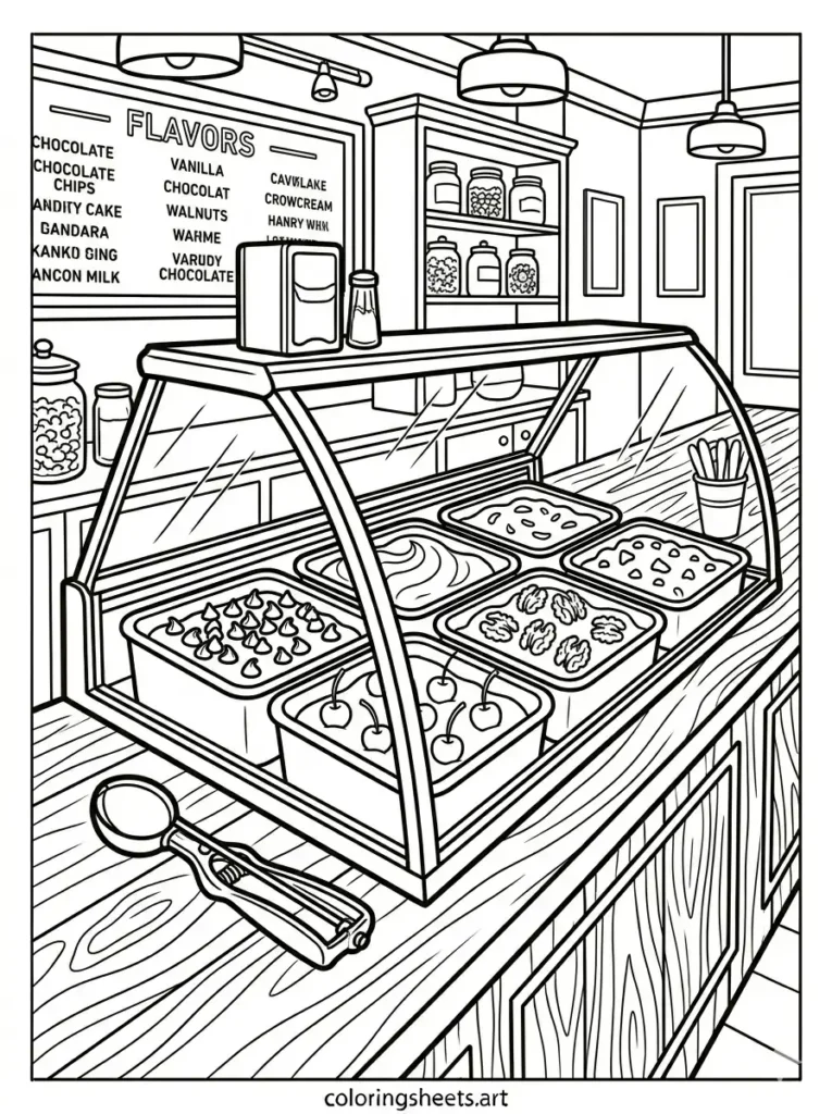 Ice cream parlor display cabinet coloring page for adults