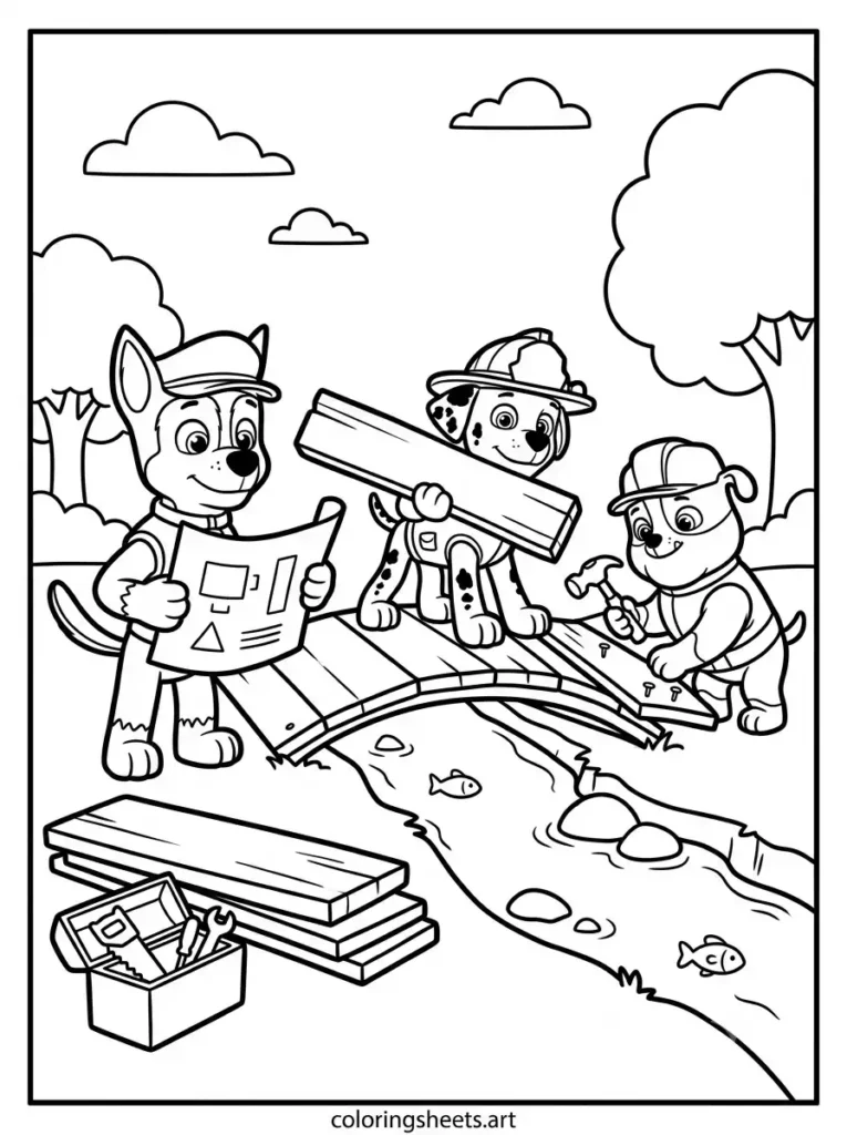 Pups building a bridge together Paw Patrol coloring page for kids free printable