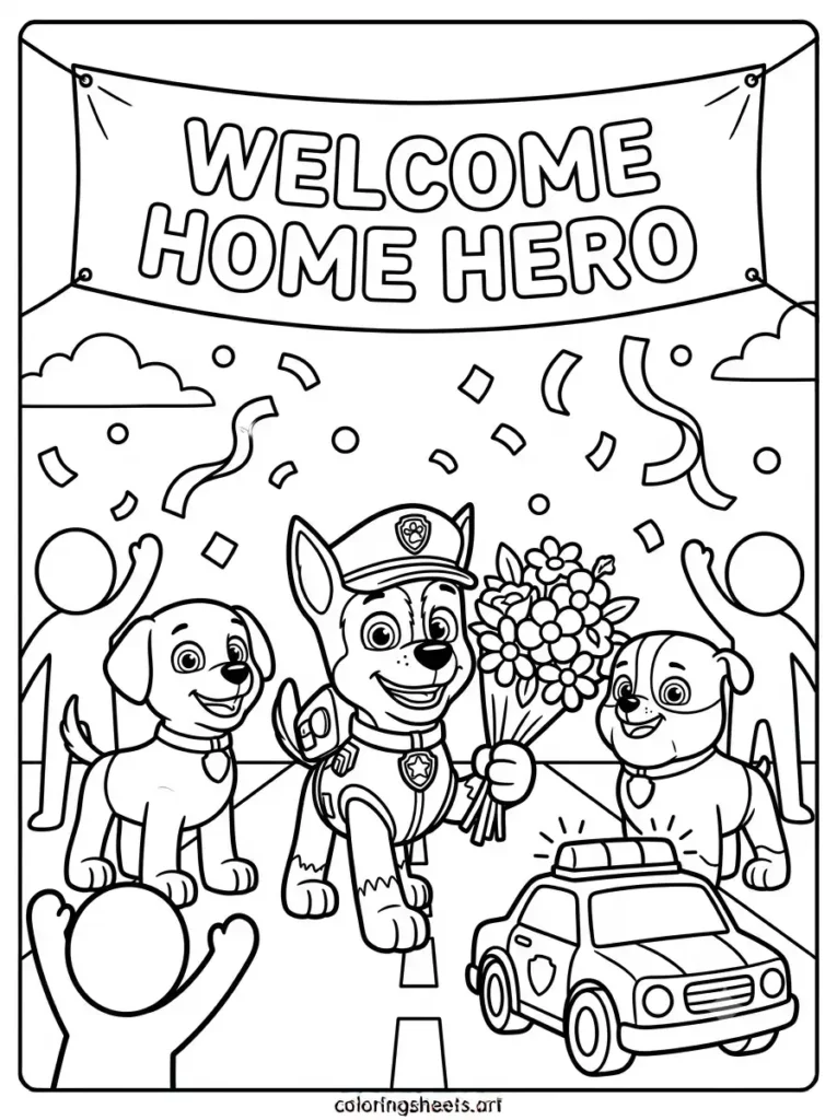 Chase hero's welcome Paw Patrol coloring page for toddlers free printable