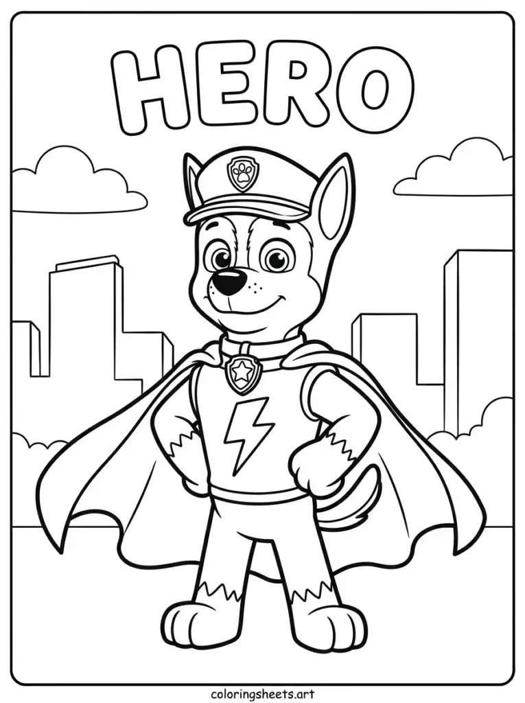 Chase in superhero cape Paw Patrol coloring page for kids free printable