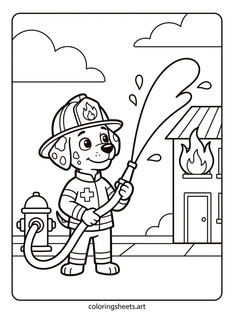 Marshall fighting a fire Paw Patrol coloring page for toddlers free printable