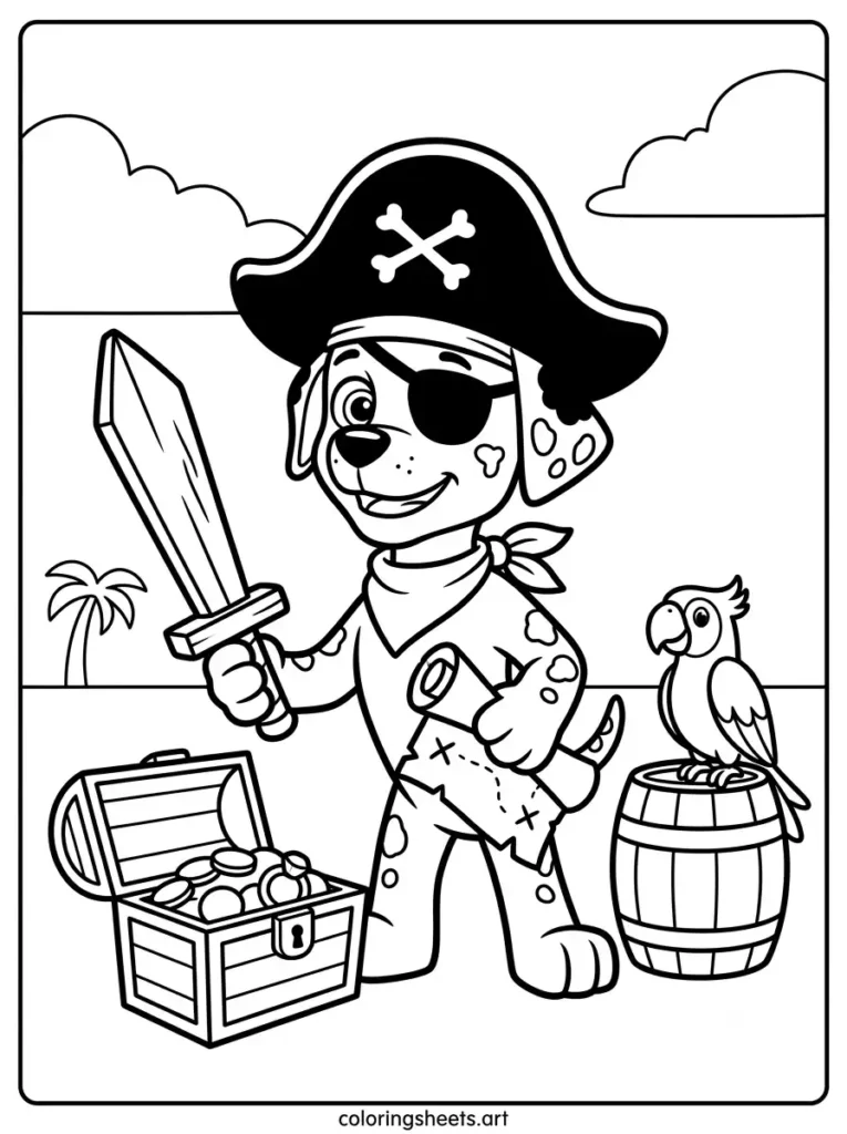Marshall in pirate costume Paw Patrol coloring page for toddlers free printable