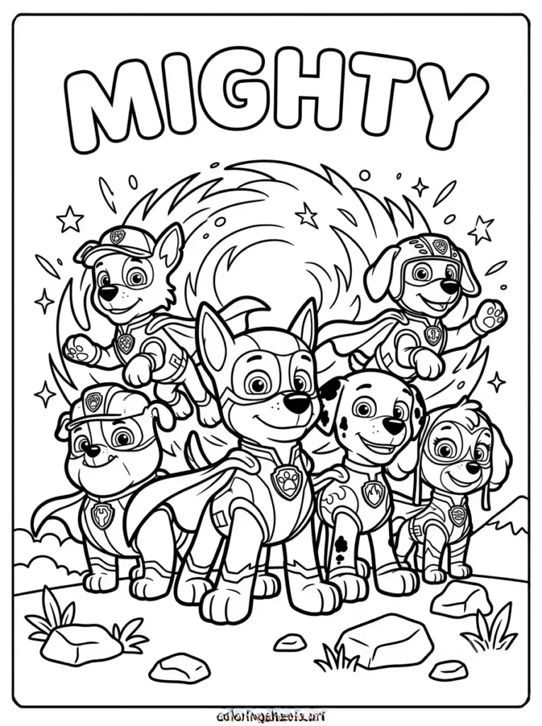 Mighty Pups team power-up Paw Patrol coloring page for kids free printable
