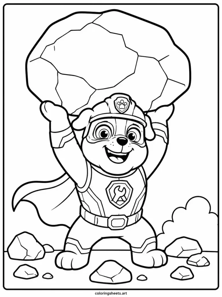 Mighty Rubble super strength Paw Patrol coloring page for toddlers free printable