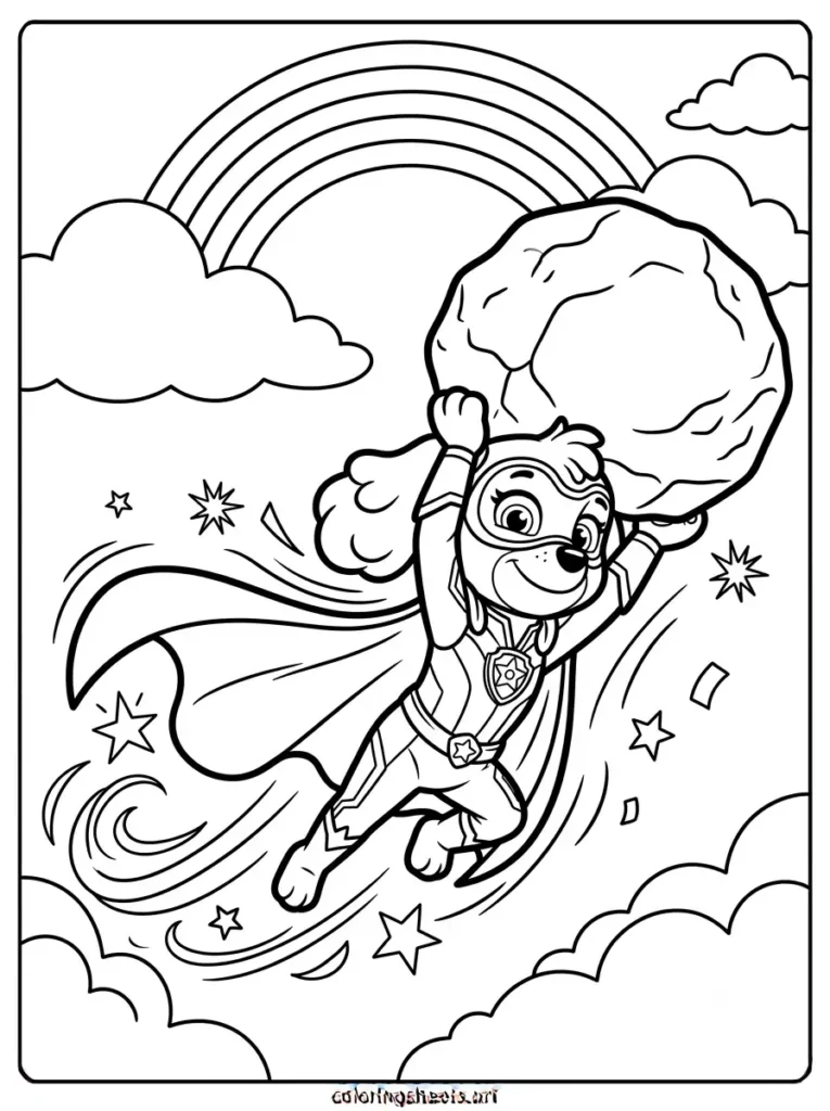 Mighty Skye super strength Paw Patrol coloring page for kids free printable