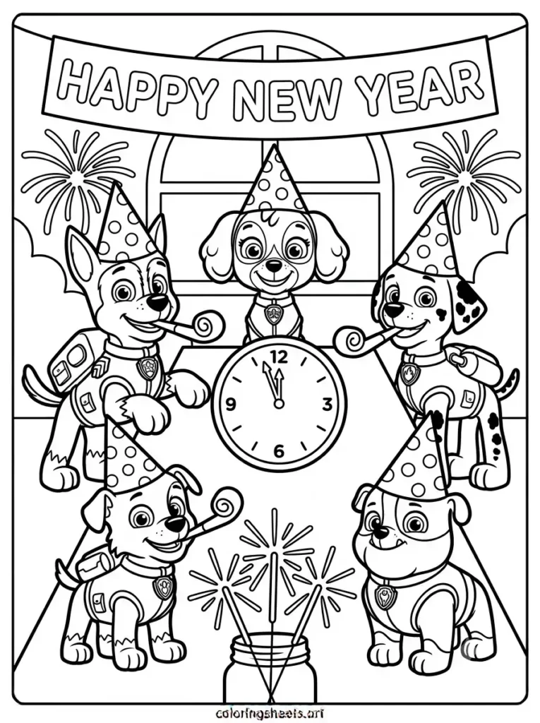 Pups celebrating New Year Paw Patrol coloring page for kids free printable