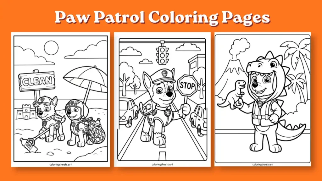 Free printable Paw Patrol coloring pages PDF download for kids and adults featuring Paw Patrol