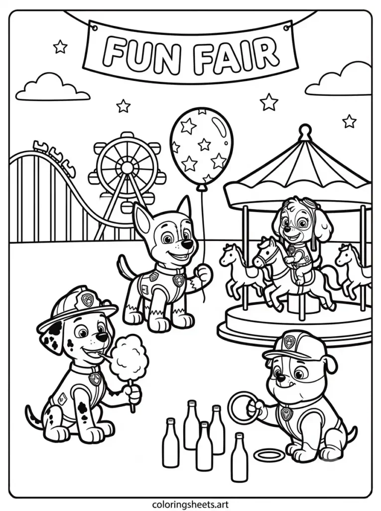 Pups at the fair Paw Patrol coloring page for kids free printable