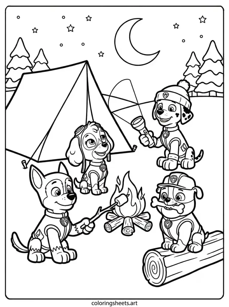 Pups camping in the woods Paw Patrol coloring page for kids free printable