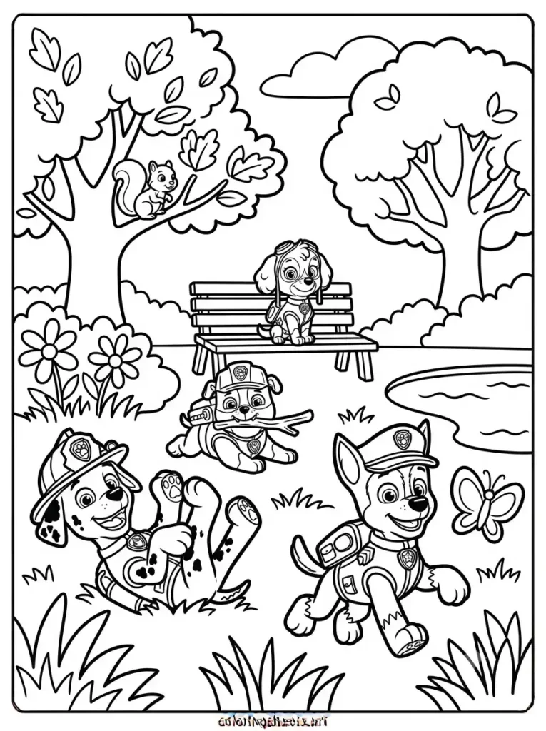 Pups in the park Paw Patrol coloring page for toddlers free printable