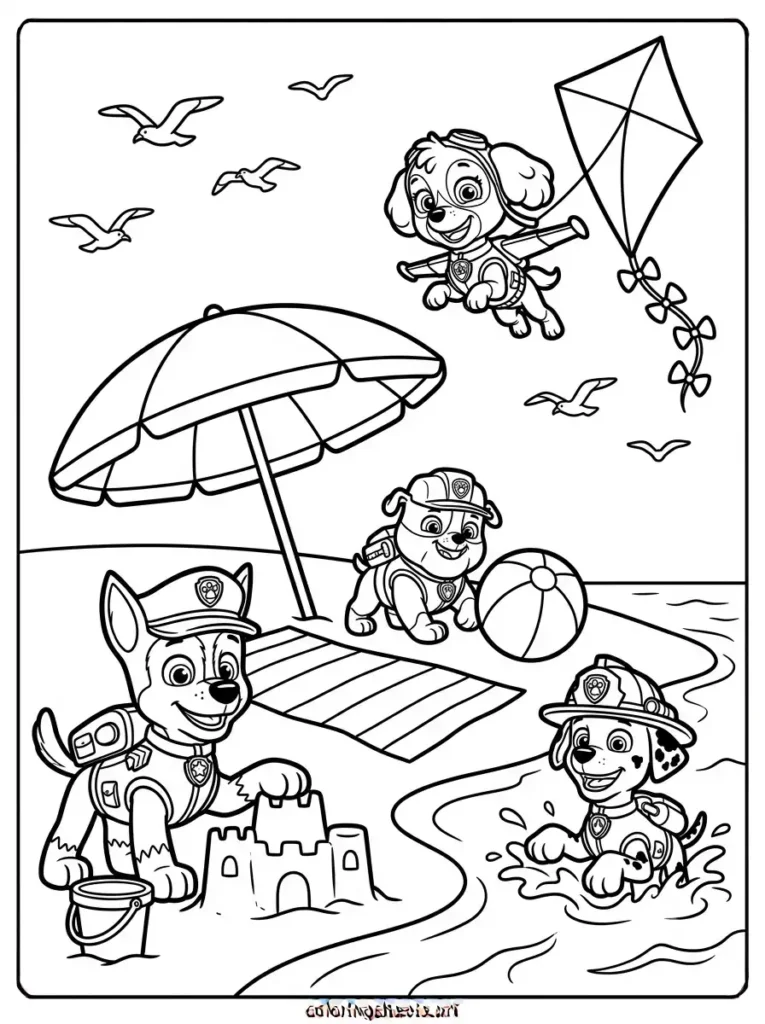 Pups playing at the beach Paw Patrol coloring page for kids free printable