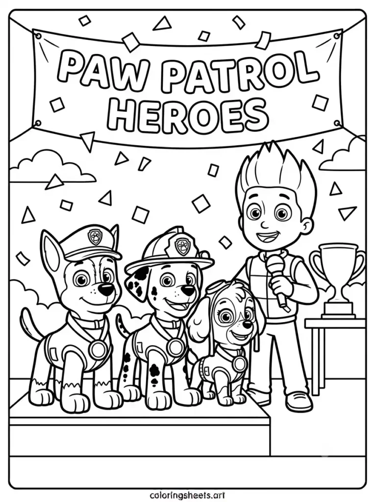 Pups receiving a medal Paw Patrol coloring page for kids free printable