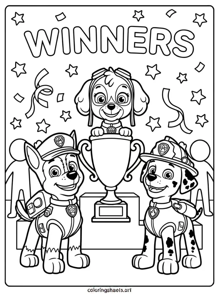 Pups winning a trophy Paw Patrol coloring page for kids free printable