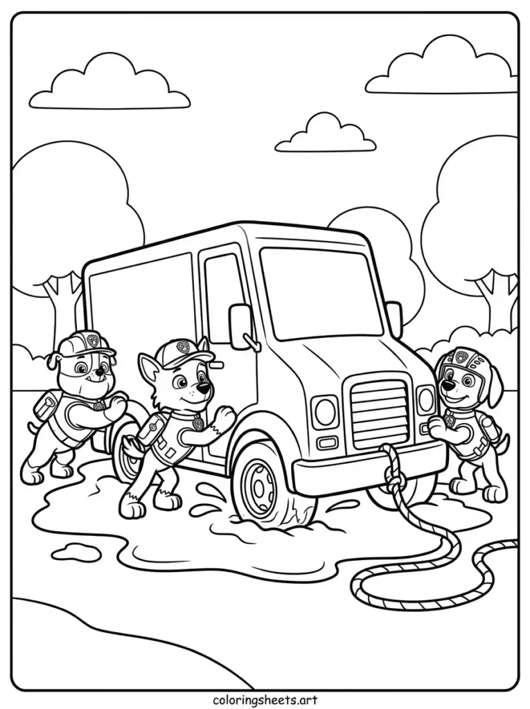 Pups pushing a stuck truck Paw Patrol coloring page for kids free printable