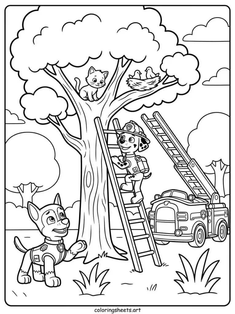Pups rescuing a kitten from a tree Paw Patrol coloring page for toddlers free printable