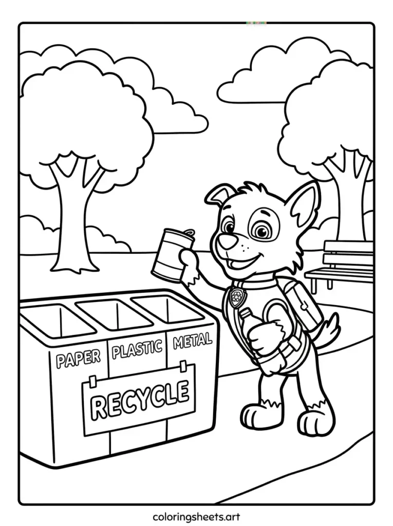 Rocky recycling in the park Paw Patrol coloring page for kids free printable