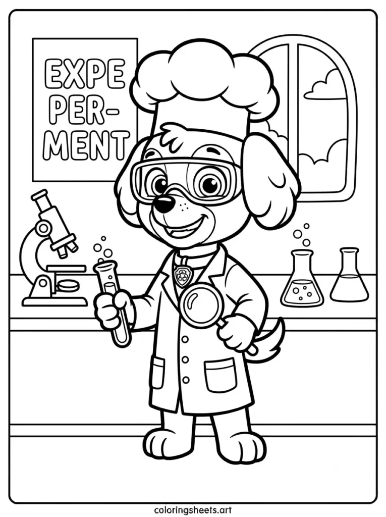 Rocky in scientist lab coat Paw Patrol coloring page for kids free printable