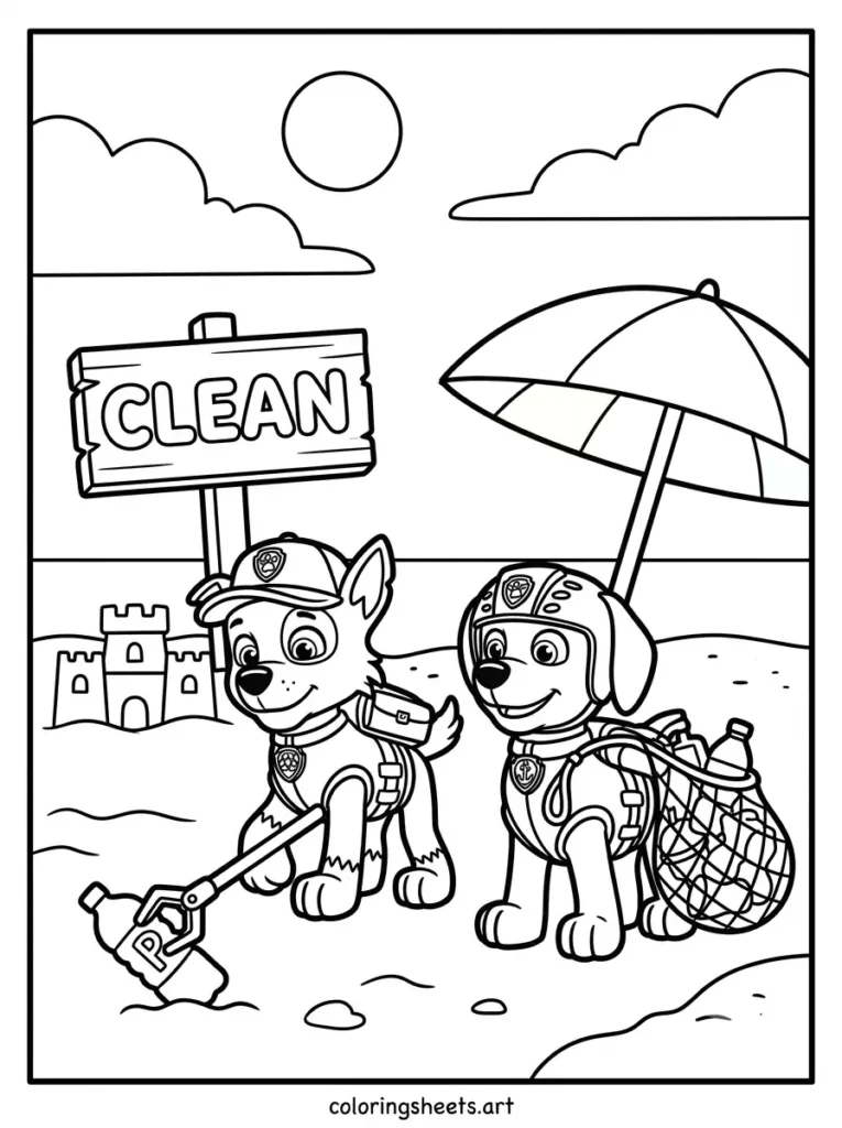 Rocky and Zuma cleaning the beach Paw Patrol coloring page for kids free printable