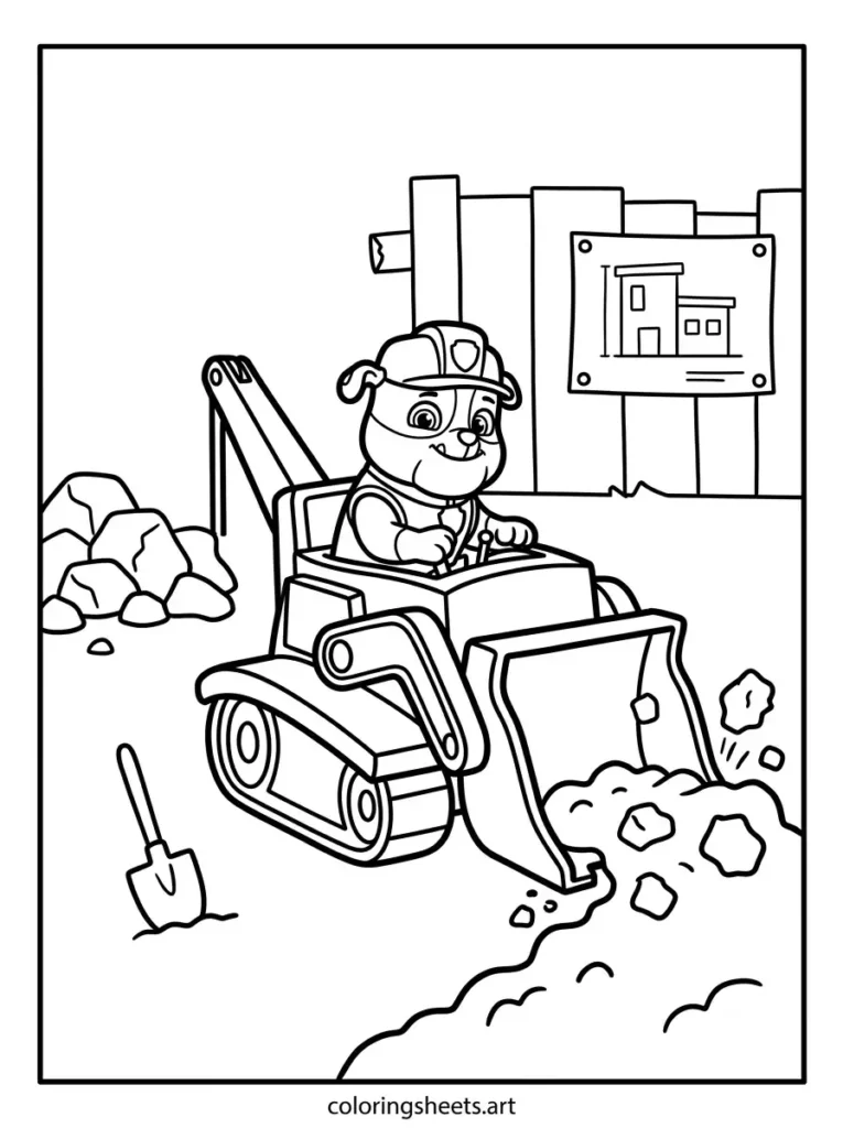 Rubble digging construction site Paw Patrol coloring page for toddlers free printable