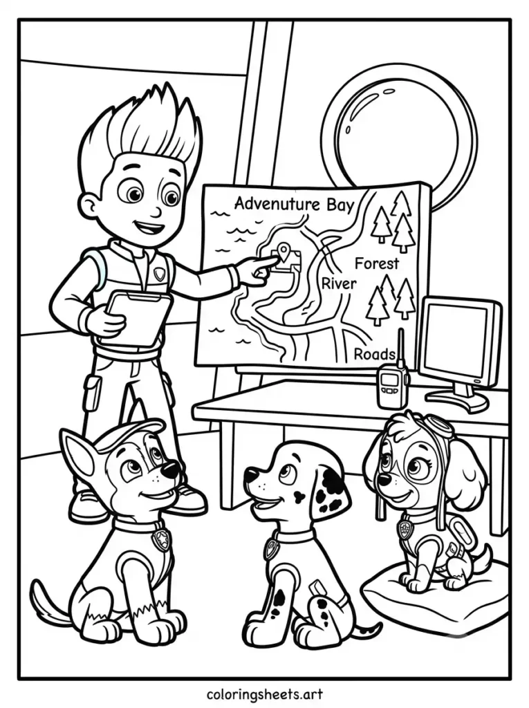 Ryder and pups planning a mission Paw Patrol coloring page for kids free printable