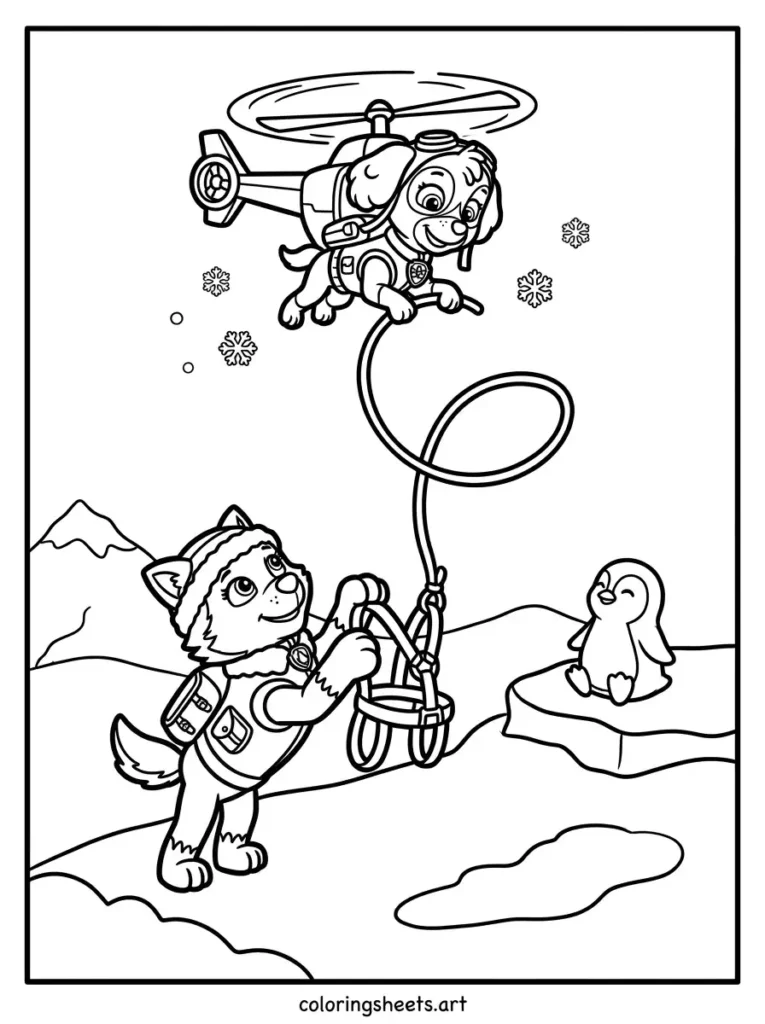Skye and Everest mountain rescue Paw Patrol coloring page for kids free printable