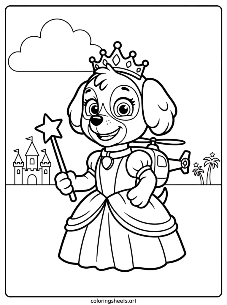 Skye in princess dress Paw Patrol coloring page for kids free printable