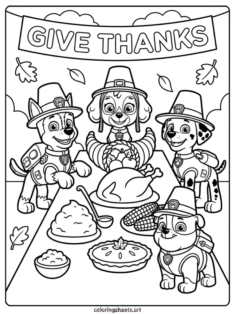 Paw Patrol Thanksgiving feast coloring page for kids free printable