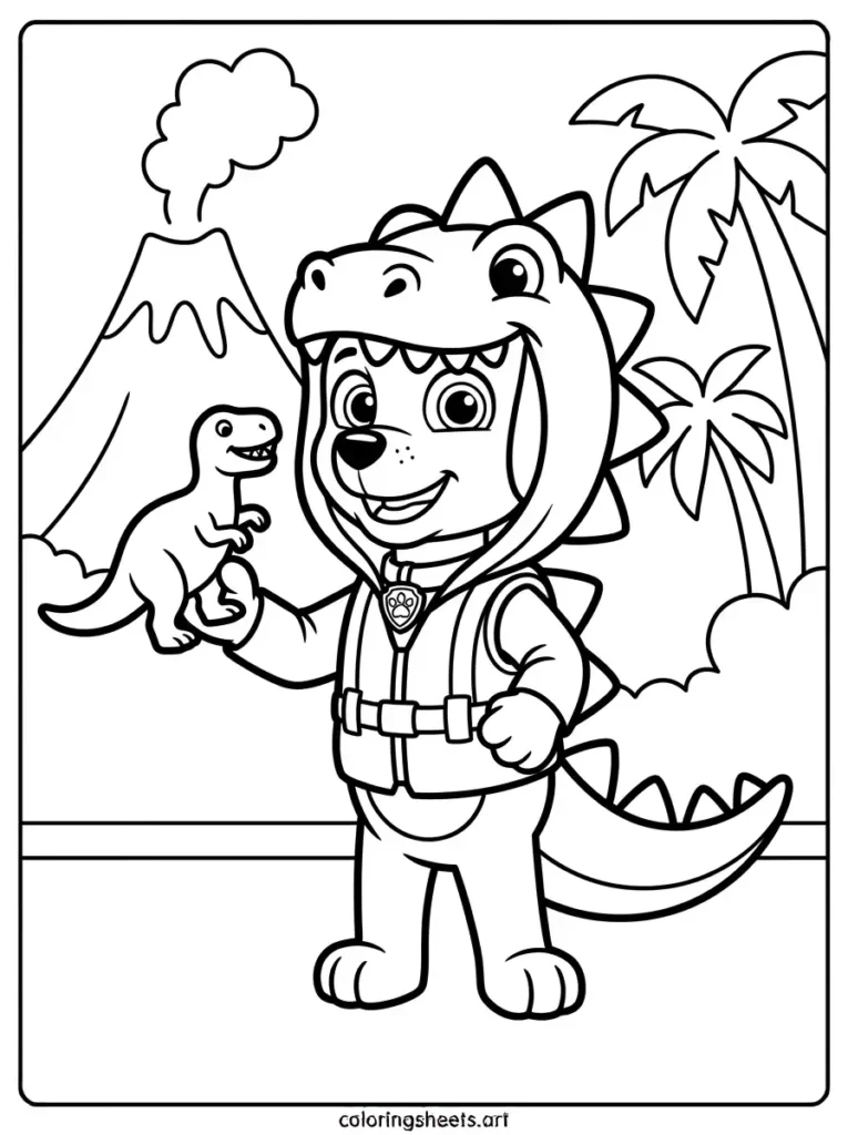 Zuma in dinosaur costume Paw Patrol coloring page for kids free printable