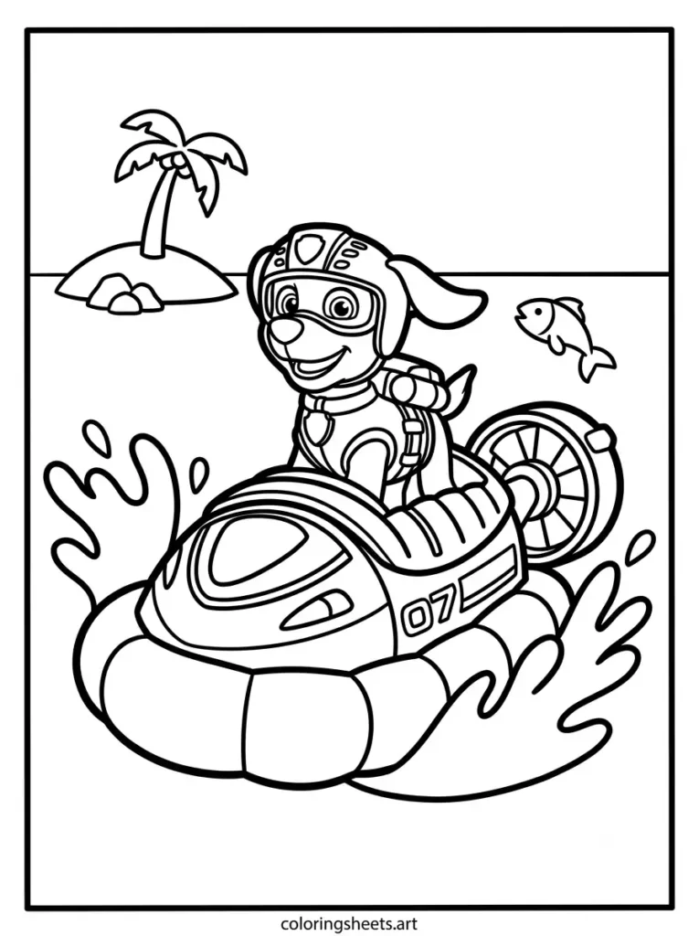 Zuma on the hovercraft Paw Patrol coloring page for kids free printable