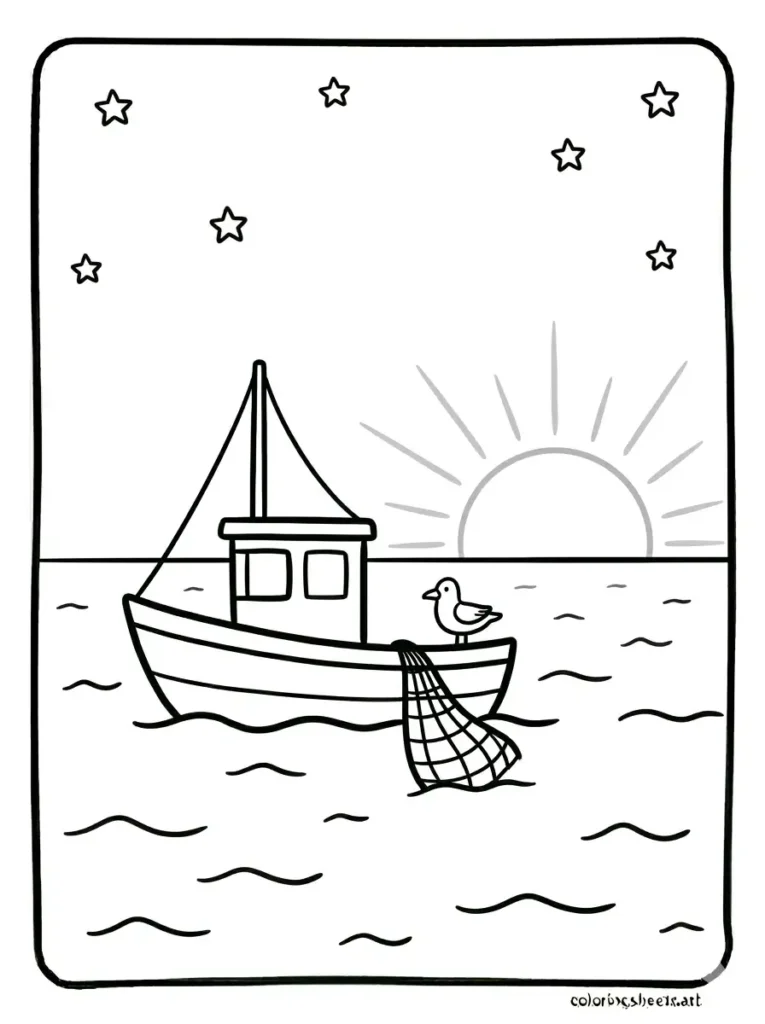 Ocean coloring pages for kids printable PDF with a beautiful sunrise and fishing boat on the sea
