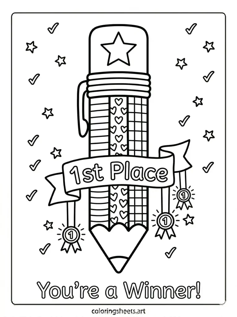 Pencil with award ribbon coloring page for kids free printable
