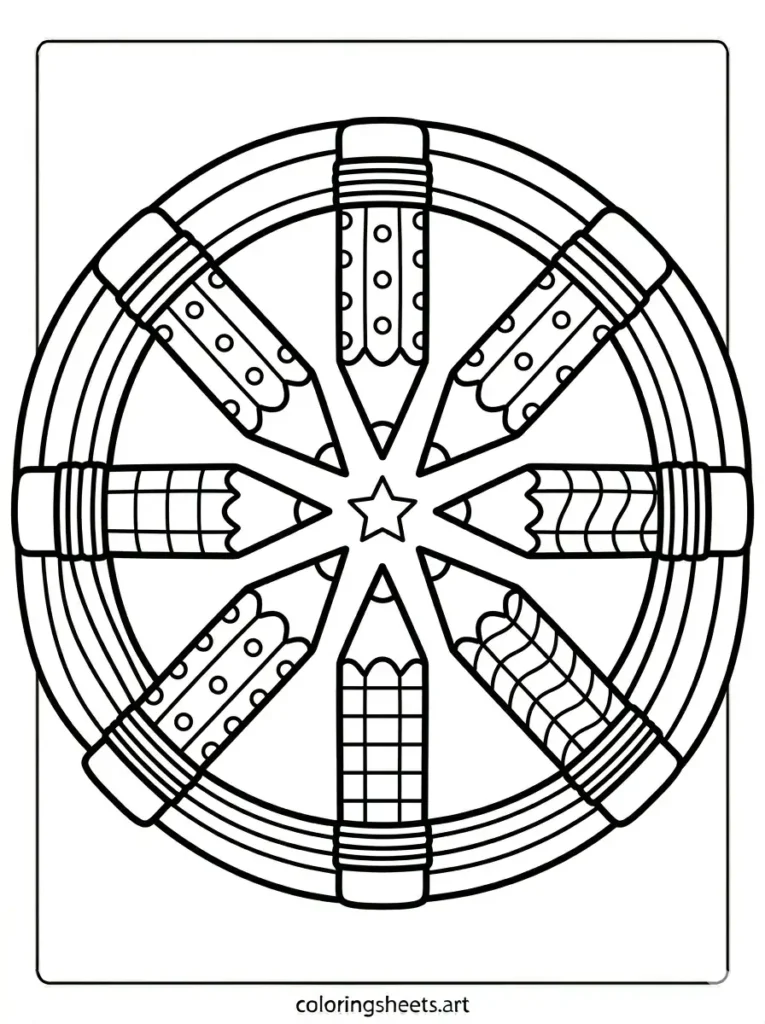 Pencils forming a circle mandala coloring page for adults free printable