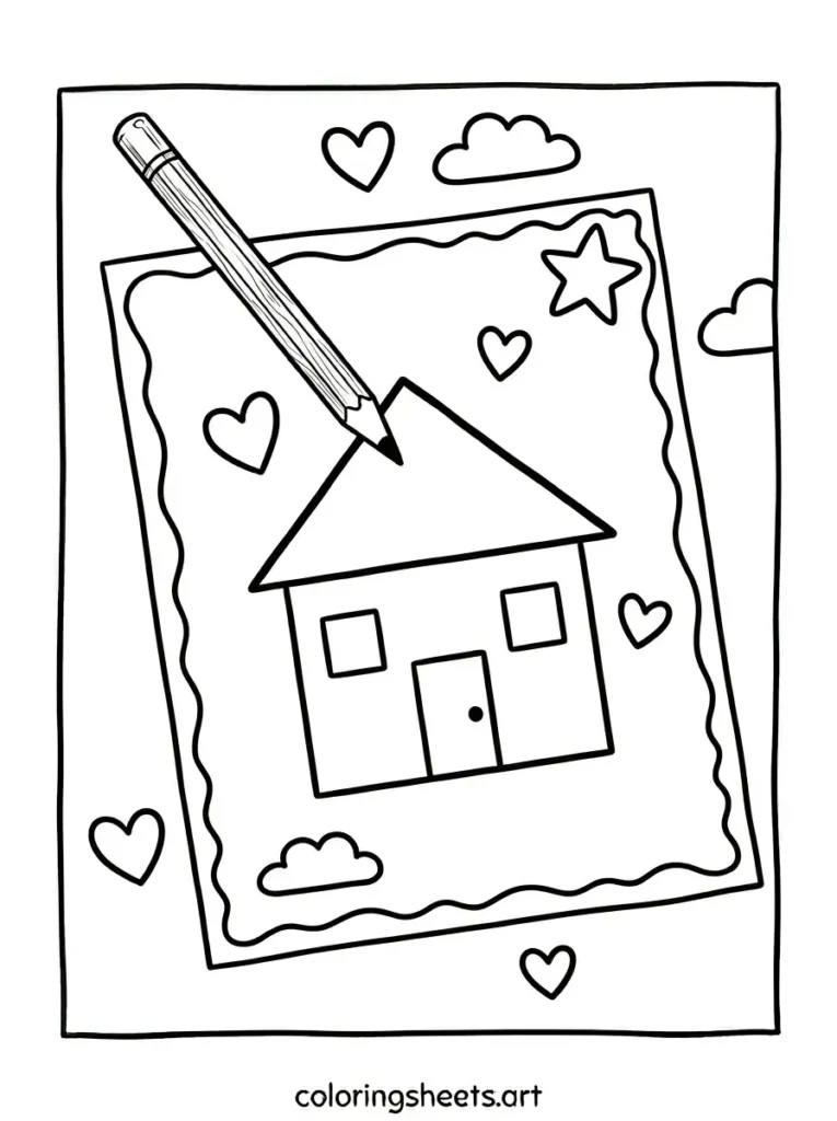 Pencil drawing a house coloring page for toddlers free printable