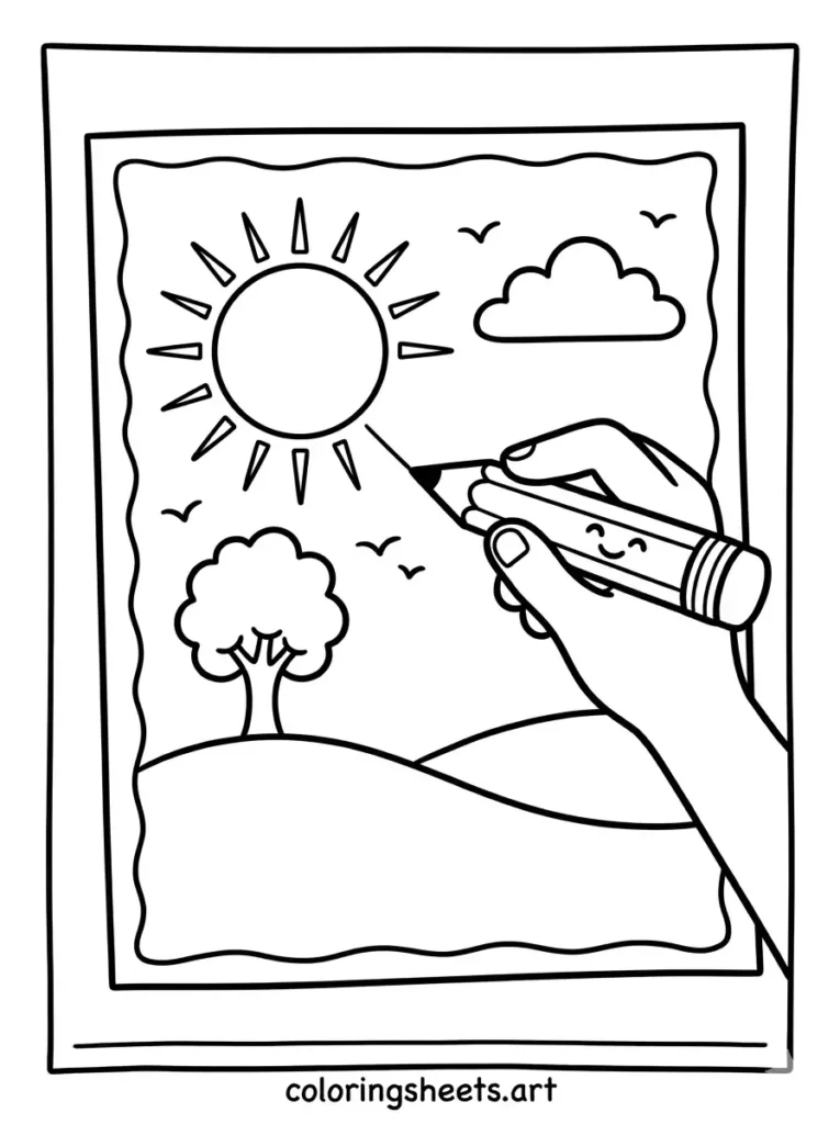 Pencil landscape drawing coloring page for kids free printable