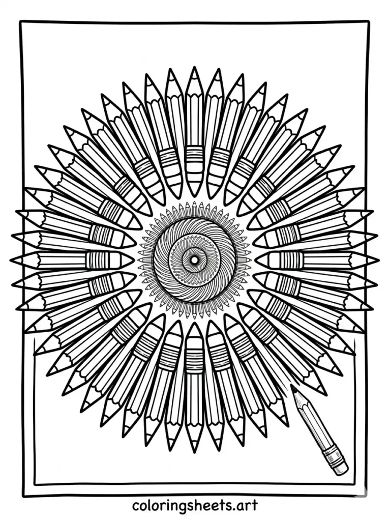 Pencil mandala drawing coloring page for adults free printable