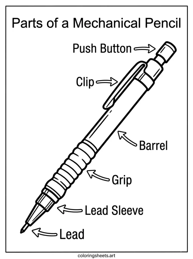 Mechanical pencil parts labeled coloring page for kids free printable