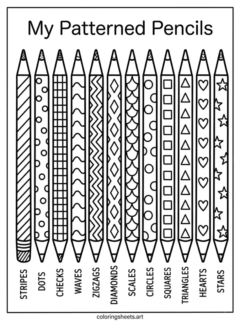 Patterned pencil set of 12 coloring page for kids free printable