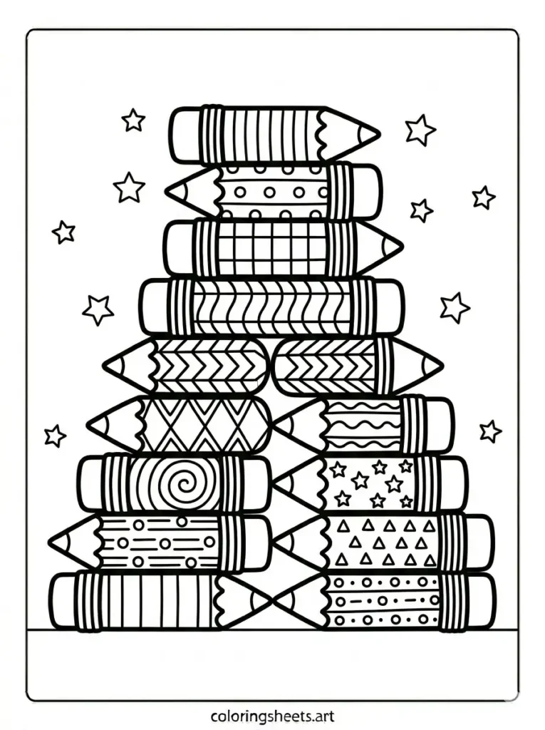 Pencils stacked in a pyramid shape coloring page for kids free printable
