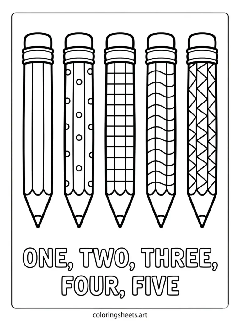 Five pencils in a row coloring page for kids free printable