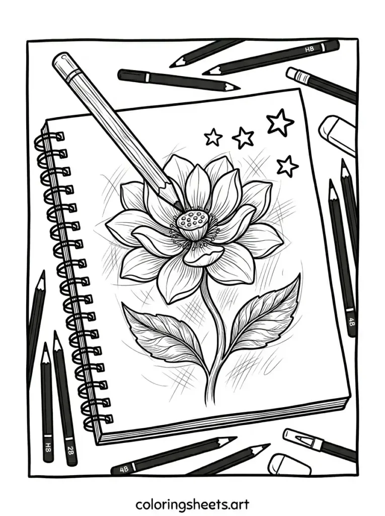 Pencil sketching a flower coloring page for adults free printable
