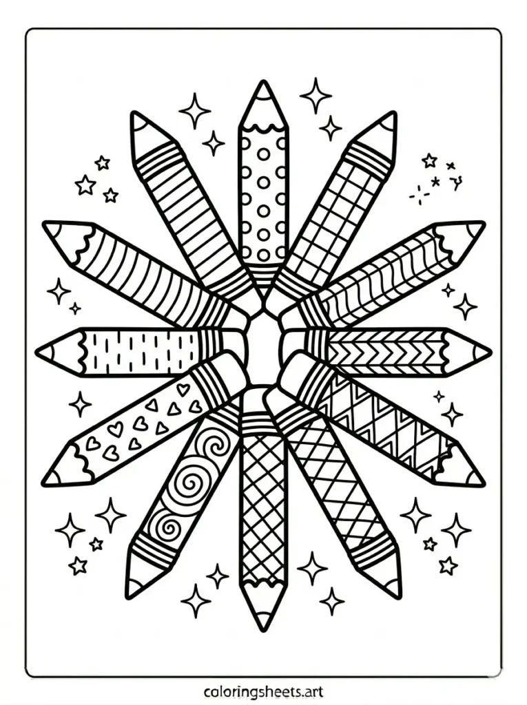 Pencils in a starburst arrangement coloring page for kids free printable