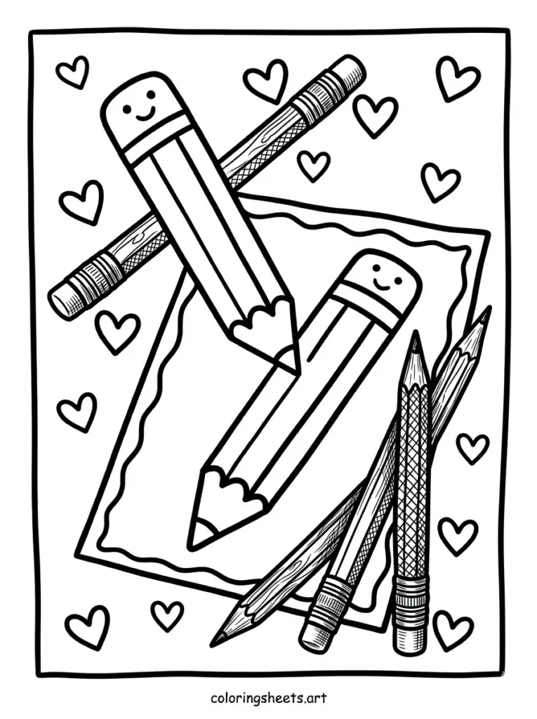 Pencil still life drawing of pencils coloring page for adults free printable
