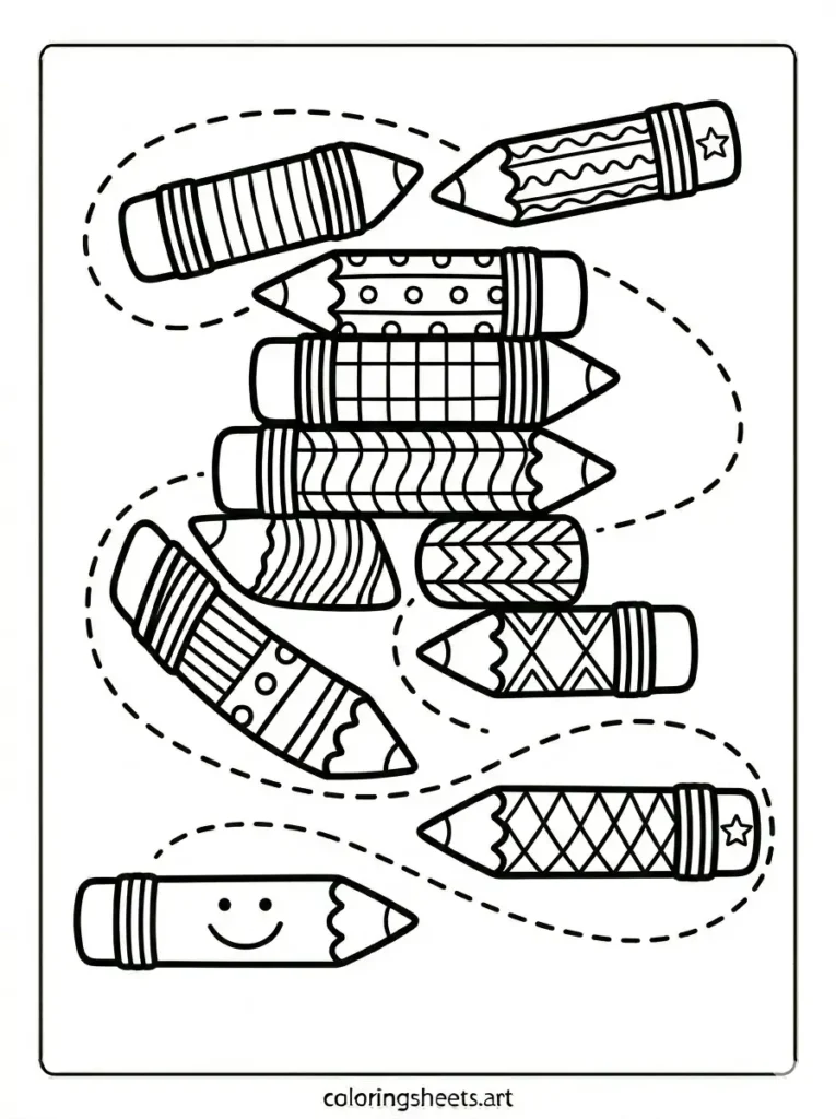 Pencils following a wavy line coloring page for toddlers free printable