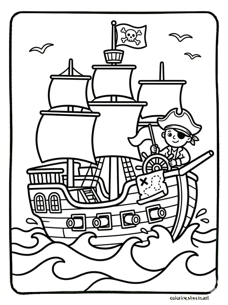 Ocean coloring pages for kids printable PDF with a pirate ship sailing on the ocean