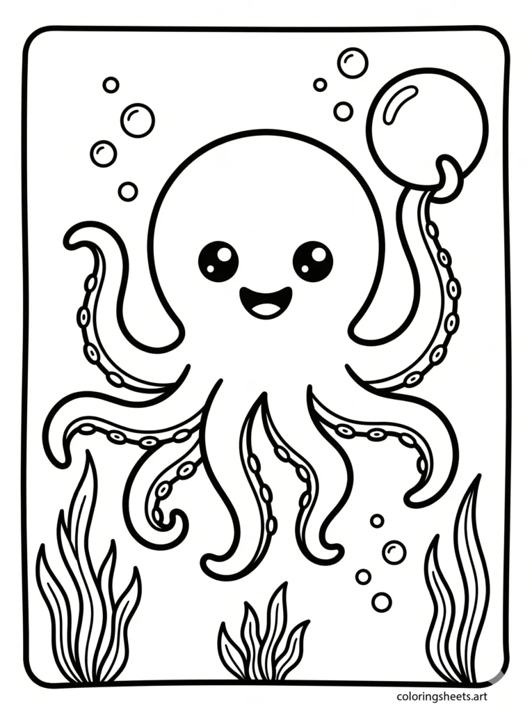 Cute ocean coloring pages for kids featuring a happy octopus playing with bubbles under the sea