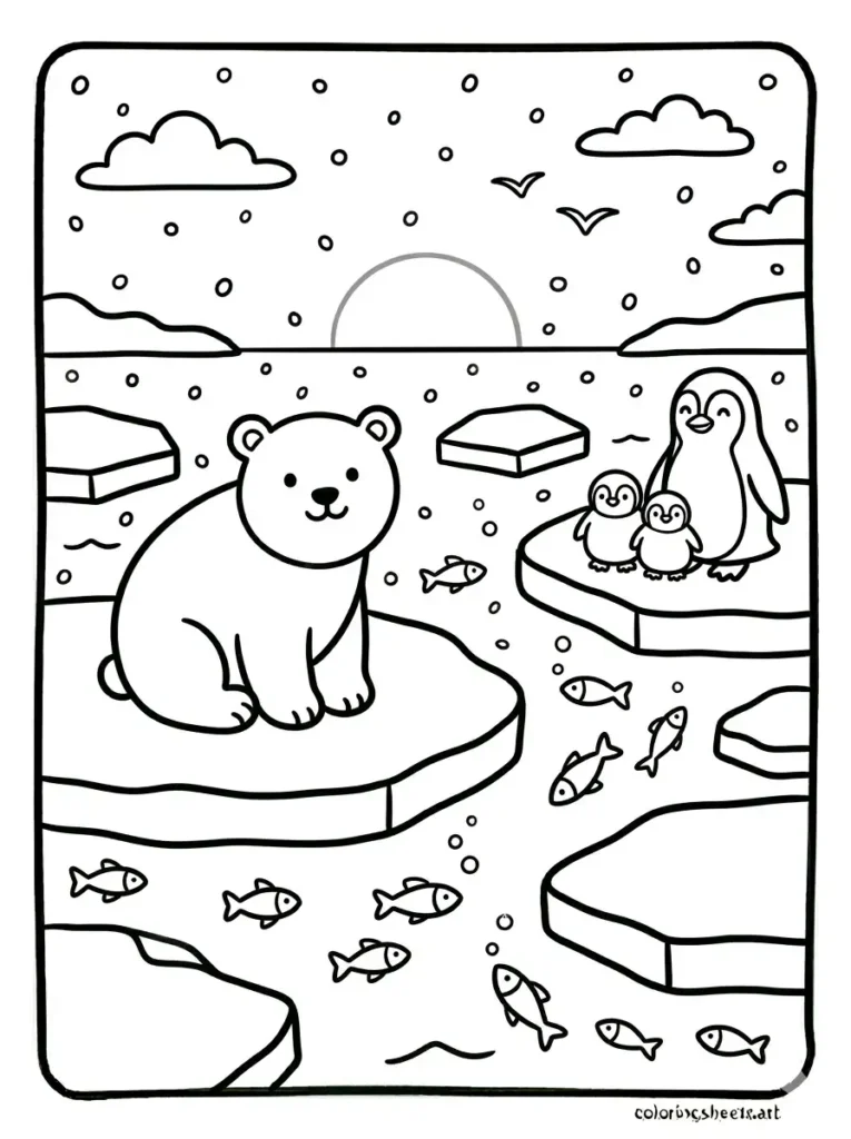 Free printable ocean coloring pages for kids featuring a winter polar ocean with ice and snow