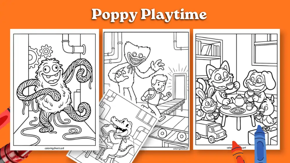 Three printable Poppy Playtime coloring pages showing Yarnaby, Huggy Wuggy chasing a player, and Smiling Critters tea party
