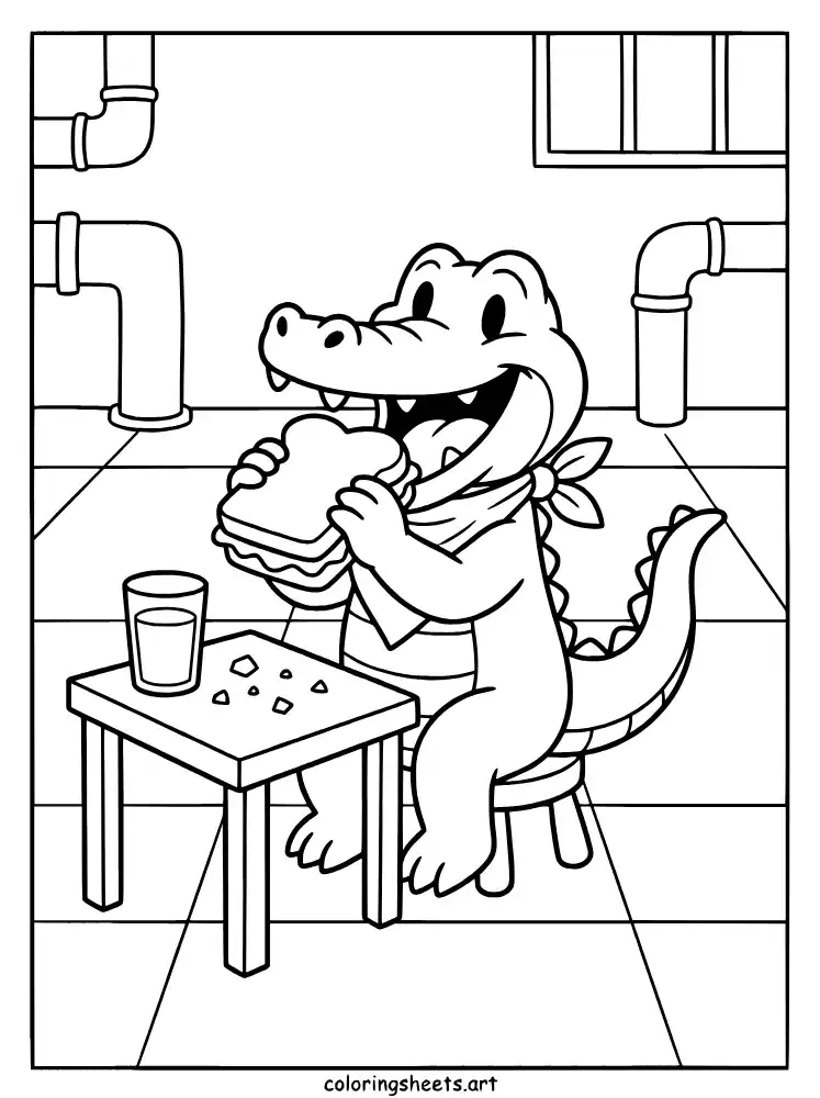 Allister Gator having a snack Poppy Playtime coloring page for kids free